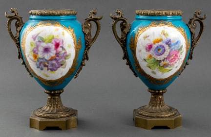 Sevres Style Gilt Metal Mounted Vases, Pair