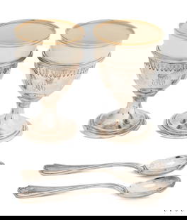 Lenox Cups & Reed & Barton Sterling Spoons, Pair: Pair of Lenox Porcelain Egg Cups with Reed and Barton Sterling Silver Holders and Spoons, 1907, liners marked to undersides, spoons with hallmarks and "Sterling Pat. 1907" and holders marked "Sterling