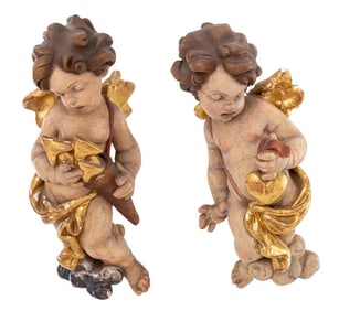 Italian Carved & Painted Wood Cupids, Pair