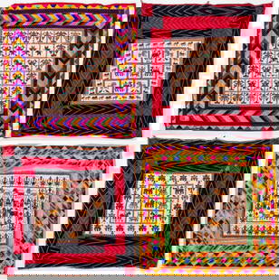 Gujarat Indian Pictorial Beadwork Panels, 4: Group of Four Gujarat Indian Pictorial Beadwork Wall Hanging Panels, with scenes of animals, figures, and foliage, all with colorful silk and cotton borders. Largest: 36.25" L x 36.25" W. Provenance: