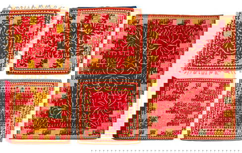 Banjara Indian Embroidered Textile Panels, 5: Group of Five Banjara Indian Hand-Embroidered Cotton Textile Panels, early 20th century, with polychrome floral and geometric patterns. Largest:49.5" L x 67.5" W. Provenance: Property from the collect