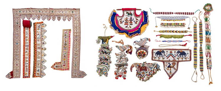 Indian Beaded Toran Hangings and Jewelry, 21 Pcs.: Collection of 21 Indian Beaded Toran Hangings and Jewelry, including one door hanging, necklaces and bracelets, bird form mobiles, and long panels. Doorway: 77.5" H x 75" W. Provenance: Property from