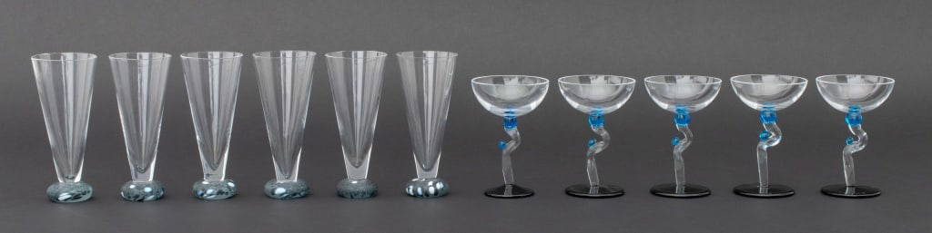 Sasaki and Ivan Baj Cordial Glasses, 11: Set of Eleven Pieces of Sasaki and Ivan Baj Cordial Glasses, six Sasaki "Stone" Cordial Glasses with matte grey swirl bases, and five Ivan Baj cordial glasses with twisted stem and blue glass details,