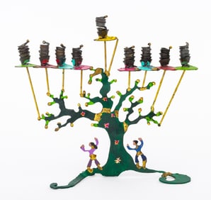 Judaica Family Tree Painted Metal Menorah