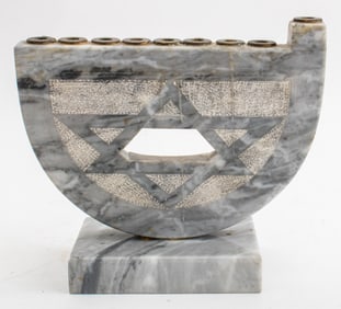 Judaica Carved Bleu Turquin Marble Menorah