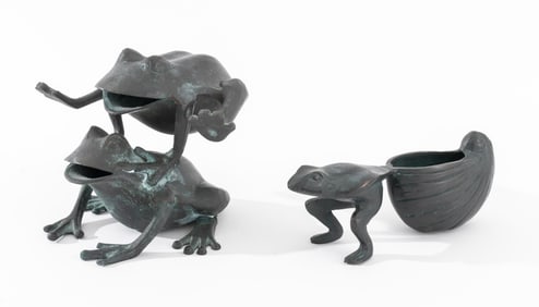Frog Patinated Metal Sculptures, 2