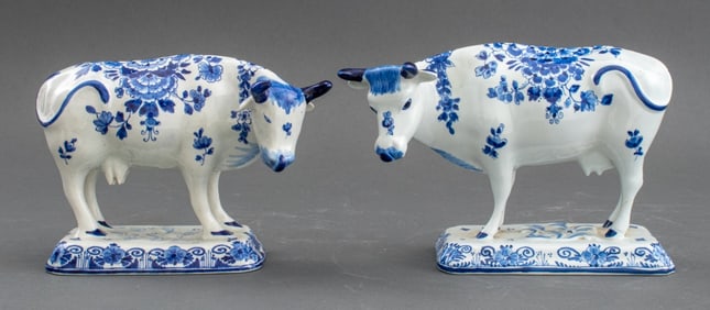 Dutch Delft Blue and White Figures of Cows, Pair
