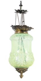 Victorian Gilt Etched Vaseline Green Glass Lantern