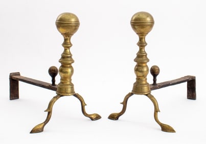 Pair of Brass Ball Andirons, 19th C.