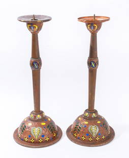 Secessionist Enamel Cooper Candle Prickets, Pair: Pair of Secessionist Engraved Enamel Copper Candle Pricket Stands, early twentieth century or earlier. 20.5" H x 8.75" Diameter. Provenance: From a Manhattan collector. Keywords: Lighting, Candlestick