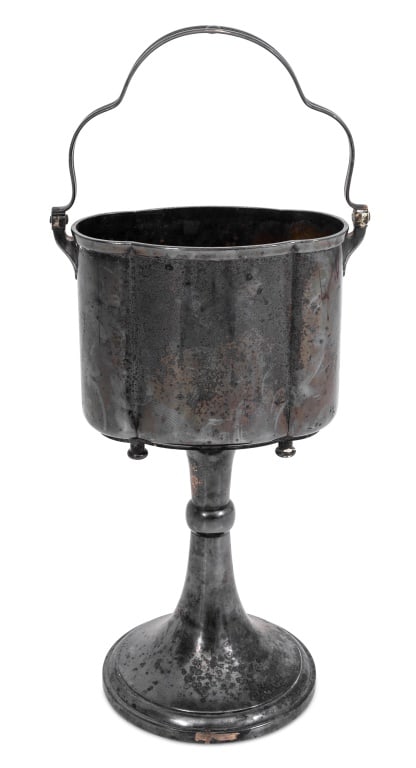 Handled Silver Plate Wine Bucket on Stand: Handled Silver Plate Wine Bucket on Stand. 28" H x 12.5" W x 10" D. Provenance: From a multi-generation 5th Avenue Estate. Keywords: Oenology, Champagne bucket, Wine cooler, Bottle holder, Tableware,