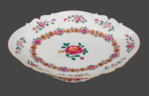 Chinese Famille Rose Porcelain Footed Platter: Chinese Famille Rose Glazed Porcelain Footed Platter, hand-painted with floral motif. 2.75" H x 14.25" W x 10.75" D. Provenance: From the Upper East Side Apartment of a Former Ambassador. Keywords: As