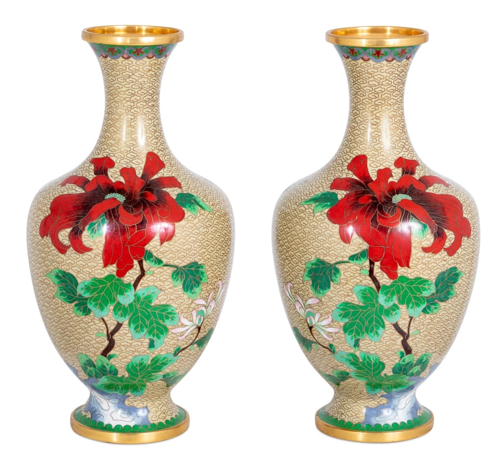 Chinese Cloisonne Balusters Vases, Pair: Pair of Chinese Cloisonne Baluster Vases, 20th century each colorfully decorated with flowers and foliage, 12.25" H x 6" W x 6" D. Keywords: Metalwork, Chinese Art, Asian Arts, China, Enamelwork, Vess