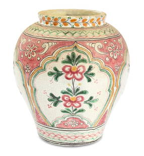 Signed Mexican Talavera Glazed Pottery Vase: Mexican Talavera Glazed Pottery Vase, with painted pink and green floral design, signed "Talavera / M. Edo Mex / Lopez" to underside. 11.75" H x 10.75" W. Provenance: From the Upper East Side Apartmen