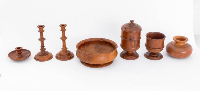 American Treen Turned Wood Articles, 7: Collection of Seven American Treen Turned Wood Articles, comprising: a pair of candlesticks, a footed bowl, a footed vase, a covered jar, a vase, and a chamberstick. Bowl: 3.5" H x 10" Diameter. Prove