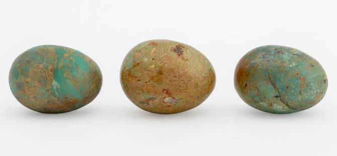 Blue Jasper Specimen Eggs, 3: Collection of Three Blue Jasper Specimen Eggs. 2.25" H x 1.5" Diameter. Provenance: From a New York City Collection. Keywords: Mineral Specimens, Gemstone, Semi-precious stone, Rocks, Variscite, Mysti