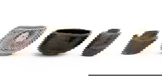Japanese Glazed Stoneware Vessels, 4: Group of Three Japanese Glazed Stoneware Vessels, each with previous auction lot numbers, comprising: one bowl with dark glaze, one small vase, one white bowl with grey designs, and one small pitched