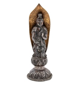 Thai Brass and Silvered Copper Standing Guanyin