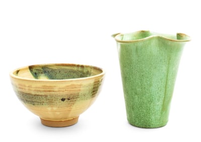 Green Glazed Pottery Ruffle Edge Vase and Bowl, 2