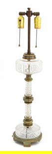 Hinks & Sons Cut Glass Table Lamp: Hinks and Sons Cut Glass Table Lamp, early 20th century, with brass hardware and two light bulb fittings, struck "Hinks & Sons / Patent" to upper metal element. 27.75" H x 7.5" Diameter. Provenance: F