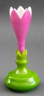 Saint Louis French Art Glass Perfume Bottle: Saint Louis French Art Glass Perfume Bottle, crocus flower shape in purple and green tones, signed to underside. 8" H x 3.75" Diameter. Provenance: Property from a 910 5th Avenue Estate. Keywords: Des