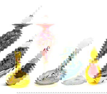 Polychrome Art Glass Perfume Flacons, 4: Group of Four Polychrome Art Glass Stoppered Perfume Flacons, comprising: iridescent mottled red glass bottle illegibly signed to underside, yellow Murano flacon with brown and white swirls, a Robert
