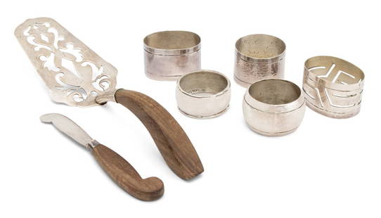 Taxco Mexican Sterling Silver Flatware Pieces, 7: Group of Seven Taxco Sterling Silver Flatware Pieces, comprising: pierced cake server with wood handle, struck with hallmarks on blade, butter knife with wood handle, struck with hallmarks and marked