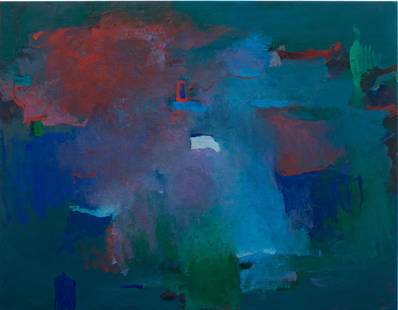 Robert O'Meara Abstract in Cool Tones Oil: Robert O'Meara (American, 1957-2024), Abstract Composition in Cool Tones, Oil on Canvas, blues, greens, and crimson, apparently unsigned, unframed. 42" H x 52" W. Provenance: From a 333 East 75th Stre