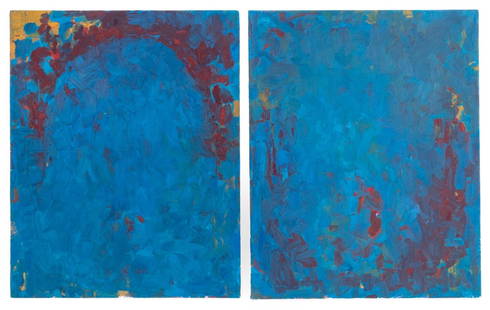 Robert O'Meara Abstract in Blue Diptych Oil: Robert O'Meara (American, 1957-2024), Abstract Composition in Blue Diptych, Oil on Canvas, apparently unsigned, unframed. Panel: 20" H x 16" W. Provenance: From a 333 East 75th Street Estate. Keywords