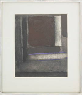 Esteban Vicente Untitled Mixed Media on Paper: Esteban Vicente (Spanish/American, 1903-2001), Untitled (Black and Purple Composition), Mixed Media on Paper, signed in pencil lower right, chrome plated frame. Image: 10.75" H x 9.25" W; frame: 16.5"