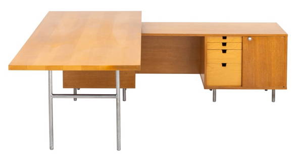 George Nelson L-Shaped Executive Desk: George Nelson L-Shaped Executive Desk, walnut with tubular chrome legs, unmarked. 29.75" H x 87.25" W x 72" D. Provenance: From a SoHo Collection. Keywords: Designer, Vintage Furniture, Mid-Century Mo