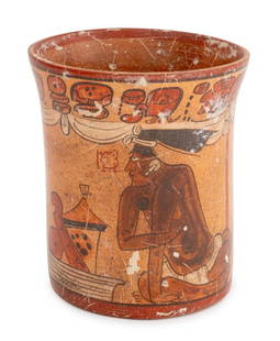 Mayan Pre-Columbian Cylindrical Pottery Vase: Mayan Pre-Columbian Cylindrical Polychrome Glazed Cylindrical Vase, painted with a figural scene. 5.5" H x 4.75" Diameter. Provenance: From the Upper East Side Apartment of a Former Ambassador. Keywor