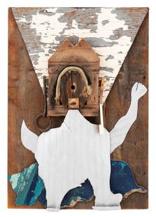 David Porter "Miss Georgica No. II" Mixed Media: David Porter (American, 1912-2005), "Miss Georgica No. II", Mixed Media Collage Sculpture, 1985, artist exhibition label to the verso. 40" H x 28" W x 4.5" D. Provenance: From a 60 East End Avenue