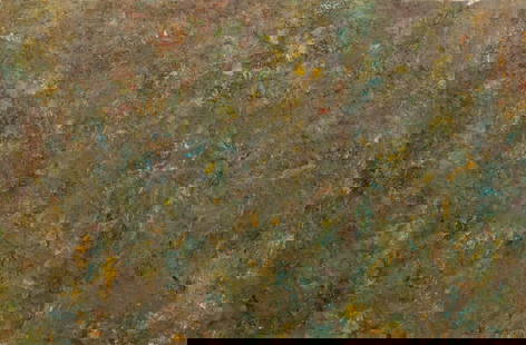 Andy Miller Abstract Composition Oil on Canvas: Andy Miller (American, b. 1950), Abstract Composition, Oil on Canvas, impasto details, dark green with cyan and pink highlights, with artist's studio stamp to verso, apparently unsigned, unframed.