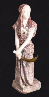 Emmanuel Villanis "Judith" Marble Sculpture: Emmanuel Villanis (French, 1858-1914) "Judith" Marble Sculpture, late 19th century, the standing figure holding a scimitar with gilt metal blade, on a rockwork base, titled "Judith", signed. 25" H x