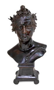 Stefan Schwartz "Hercules" Patinated Bronze Bust: Stefan Schwartz (Austrian, 1851-1924) "Hercules" Patinated Bronze Bust, late 19th century, the figure wearing a laurel and oak leaf wreath and a lion-mounted helmet, on an integral plinth. 22.5" H x 1