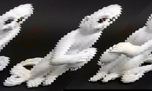 Mottahedeh Spider Monkey Ceramic Sculptures, Pair: Pair of Mottahedeh Seated Spider Monkey White Glazed Ceramic Sculptures, each marked to underside. 7.75" H x 6" W x 7.5" D. Provenance: From a Fifth Avenue Collection. Keywords: Designer, Ceramics,