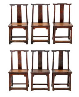 Chinese Hardwood Yokeback Side Chairs, 6: Set of Six Chinese Hardwood Yokeback Side Chairs, Qing Dynasty, with carved scroll and floral relief back rest and cane paneled seats. 39.75" H x 19.5" W x 15" D; seat: 19.5" H. Provenance: From a 60
