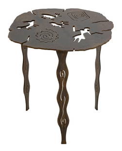 Kathy Beechom Laser Cut Steel Tripod Table: Kathy Beechom (American, XX) Laser Cut Steel Tripod Table, signed and marked "KB no 99" to underside. 18.25" H x 19" W x 18" D. Provenance: From an Upper East Side Collection. Keywords: Studio Furnitu