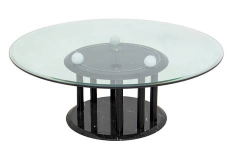 Italian Modern Marble & Glass Revolving Low Table: Italian Postmodern White and Black Marble Coffee Table, with revolving circular glass top centered by a chrome gear which allows it to rotate on three white marble spheres above a black marble tempiet