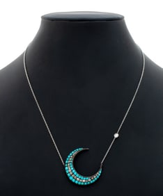 Antique 925 Turquoise Diamond Pendant 18K Necklace