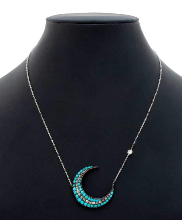 Antique 925 Turquoise Diamond Pendant 18K Necklace (1 of 4)