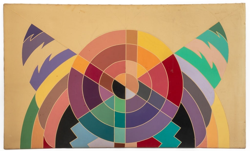 Frank Stella Style Geometric Acrylic on Canvas: Frank Stella Style, Geometric Composition, Acrylic on Canvas, unsigned, unframed. 36" H x 60" W. Provenance: From a New York City Collection. Keywords: Painting, Works on Canvas, Abstract, Abstraction