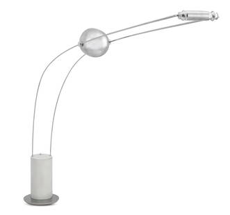 Mid-Century Modern Adjustable Spotlight Arc Lamp: Mid-Century Modern Adjustable Spotlight Arc Lamp, 1960s, with General Electric halogen light and chrome-plated frame issuing from white cylindrical form atop circular mirrored base. 87" H x 106" W x 1