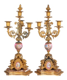French Gilt Metal & Pink Porcelain Candelabra, Pr.