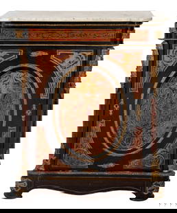 Napoleon III Boulle Revival Cabinet D'Appui: Napoleon III Boulle Revival Cabinet D'Appui, gilt bronze mounted, with brass and faux tortoiseshell marquetry inlay, the central door opening to 3 shelves, with veined marble top. 40" H x 34" W x 16"