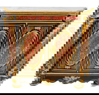 Napoleon III Boulle Credenza: Napoleon III Boulle Brass Inlaid, Faux Tortoiseshell, and Ormolu Mounted Credenza, circa 1870, the scalloped top with an inset white marble top, above a frieze and two oval paneled doors, flanked by f