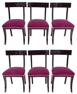 Hollywood Regency Lacquered Dining Chairs, 6: Set of Six Hollywood Regency Purple Lacquered Dining Chairs, with rounded "klismos" style back above shaped upholstered seat, and four sabre legs. 37" H x 21" W x 18" D; seat: 19" H. Provenance: From