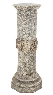 Italian Carved Alabaster Pedestal: Italian Carved Alabaster Pedestal, late 19th century, the circular top above a fluted column, centered by a line leaf band, on a stepped octagonal plinth. 48.25" H x 17.5" W x 17.5" D. Keywords:
