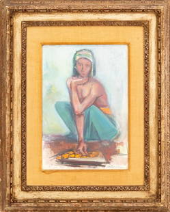Maurice Sterne Girl with Basket Oil on Paper: Maurice H. Sterne (American, 1877-1957), Girl Squatting with Basket, Oil on Paper laid to Board, depicting a Balinese youth wearing a head wrap and skirt, signed lower right, with Doyle auction label